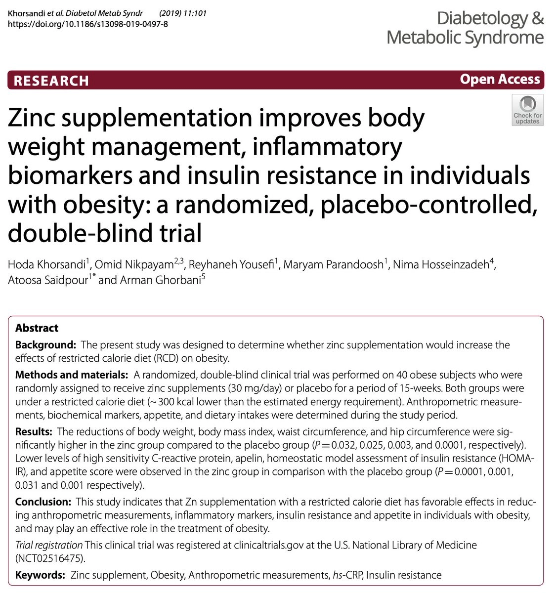 Zinc supplementation for weight loss, inflammation, insulin resistance